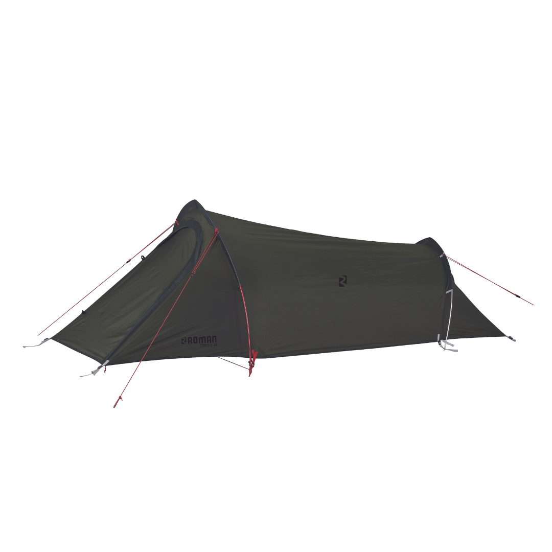 The Roman Cradle 1P Tent Fly is a dark green, low-profile tent featuring red support ropes and two entrances, designed to provide excellent weather protection and UV resistance for camping.