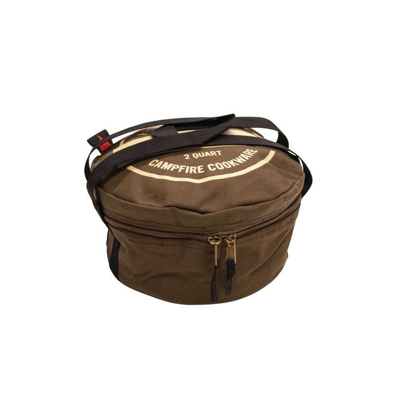 Brown canvas bag with reinforced carry straps and a zipper, labeled "2 Quart Camp Oven Canvas Bag by Campfire." Ideal for transporting your Dutch oven to your favorite outdoor cooking spot.